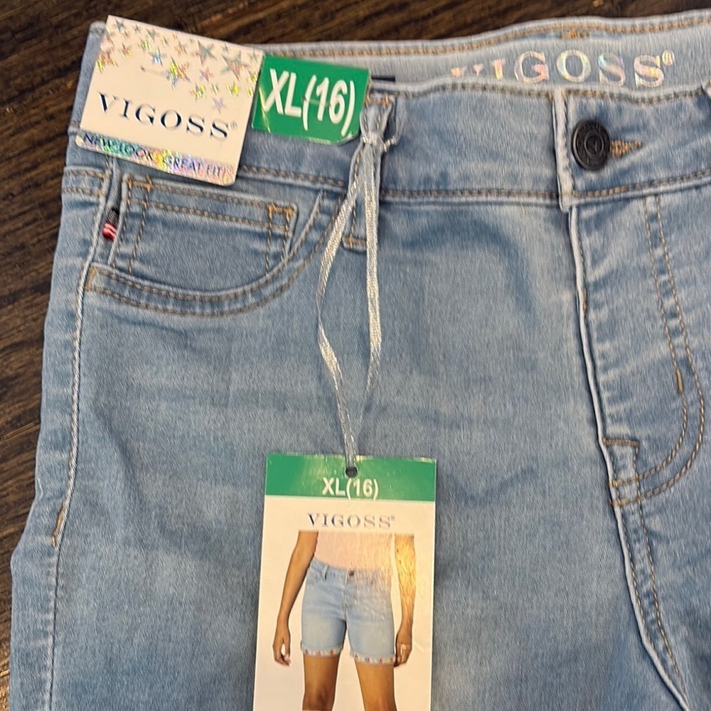 NWT Juniors Light Blue Jean Shorts with Colorful Hem Trim (size16) - Picture 2 of 5